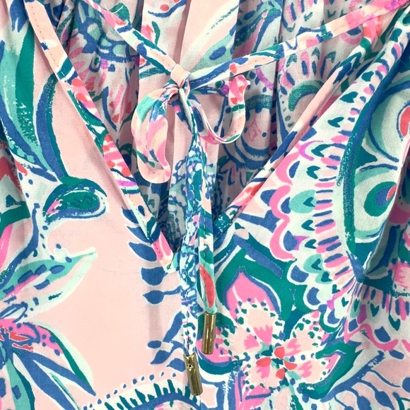 Lilly Pulitzer Womens Willa Flounce Sleeve Top Size XXS Pink Blue Tropical Print - Picture 3 of 11
